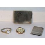 A gold plated pocket watch and ladies wristwatch, a silver plated cigarette case and a notebook