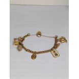A 9ct gold charm bracelet with charms, to include an 18ct gold charm, a 9ct charm in the form of a