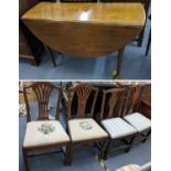 A George III mahogany drop leaf dining table on turned legs and pad feet, along with two pairs of