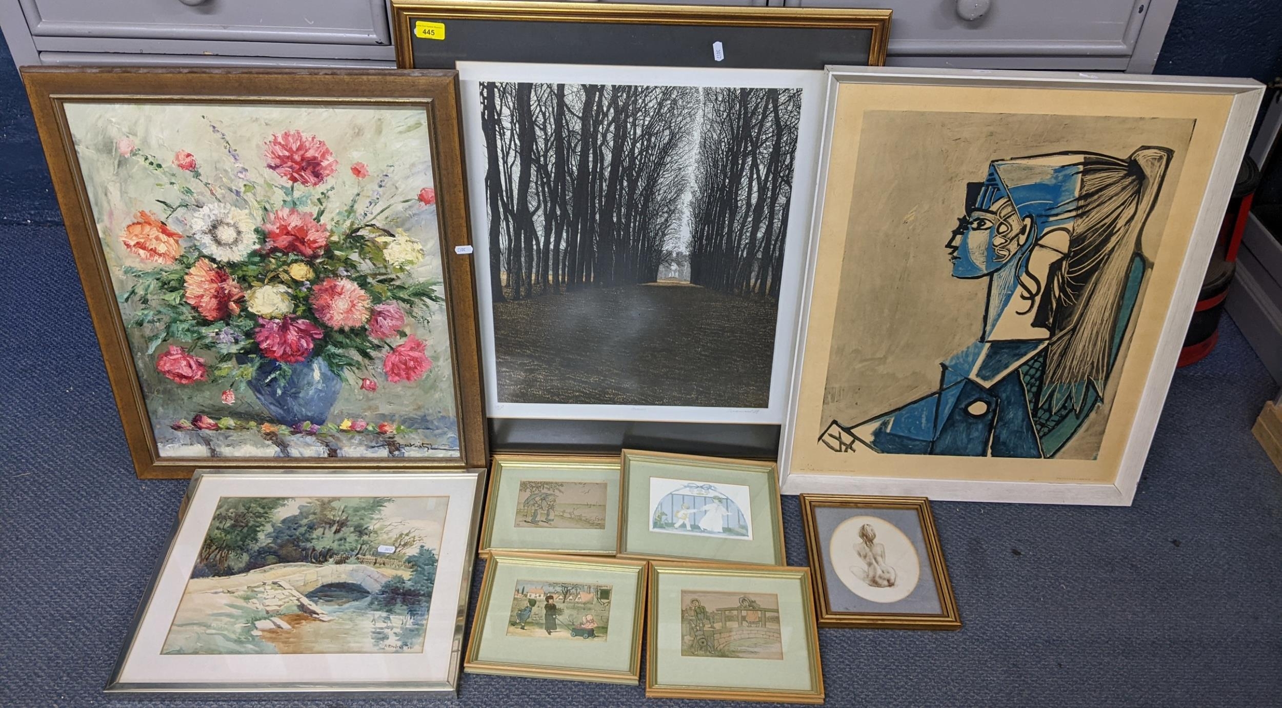 Mixed pictures to include a signed limited edition print of a woodland scene, a Pablo Picasso