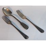 A group of silver flatware to include a Georgian 1806 spoon A/F, 1830 fork and one other 1885