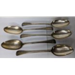 A set of five continental white metal table spoons, 331g Location: