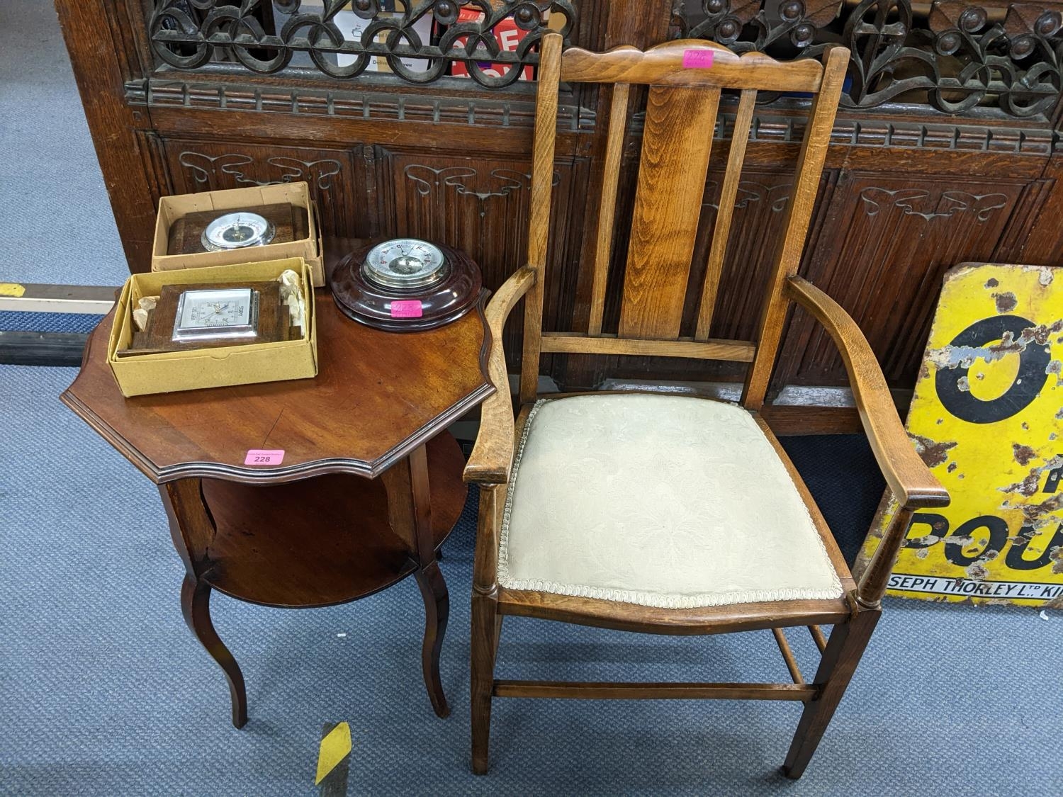 An Edwardian mahogany two tier occasional table, an early 20th century chair and three aneroid