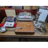 A mixed lot of silver, silver plate and other items to include a silver plated serving tureen on