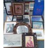 Mixed wall mirrors, a cross stitch still life tapestry, frames and prints Location:RAM