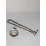 A silver cased, open face fob watch having Roman numerals and blued hands together with a silver