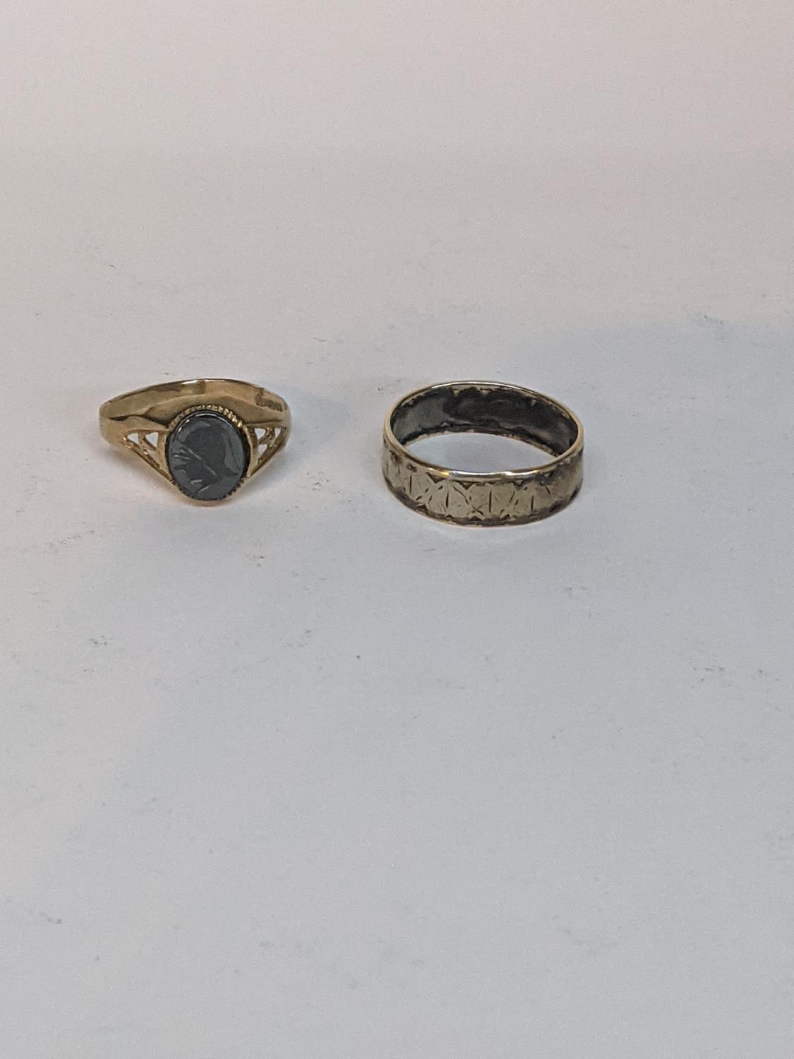 Two 9ct gold rings, one set with an engraved tablet A/F Location: