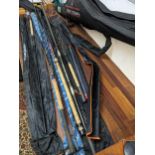 Fishing rods to include a Carp Match 13' Waggler, a Korum, a Daiwa, a CFS and a Frenzee Feeder, in a