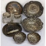 Two silver salts together with two silver pierced pin dishes, 88.4g, together with mixed silver