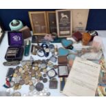 A mixed lot to include fruit knives, a Cartwheel penny, a 1935 Crown, mixed coinage, lighters, a