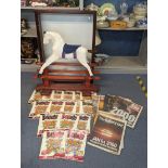 An early/mid 20th century child's rocking horse A/F together with red and gold Dandy magazines, 7