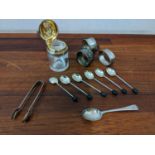 A small group of silver items to include a Victorian silver and glass vanity case bottle and
