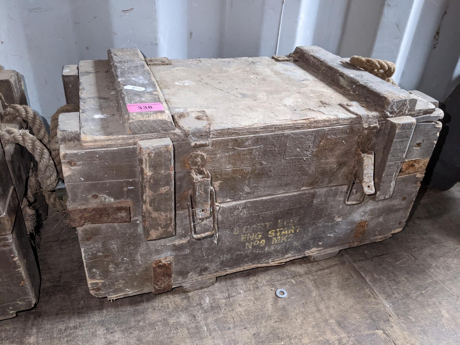 Two early 20th century ammunition boxes with rope twist carrying handles, Location: - Image 3 of 3