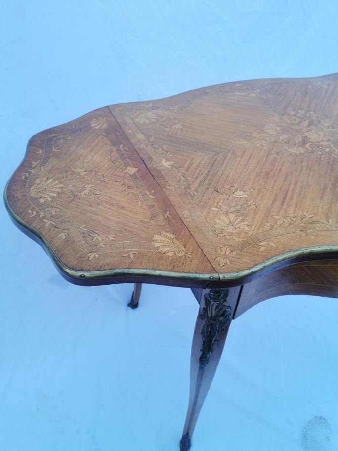 A George III ormolu and brass mounted rosewood and marquetry pembroke table, the serpentine top - Image 4 of 10