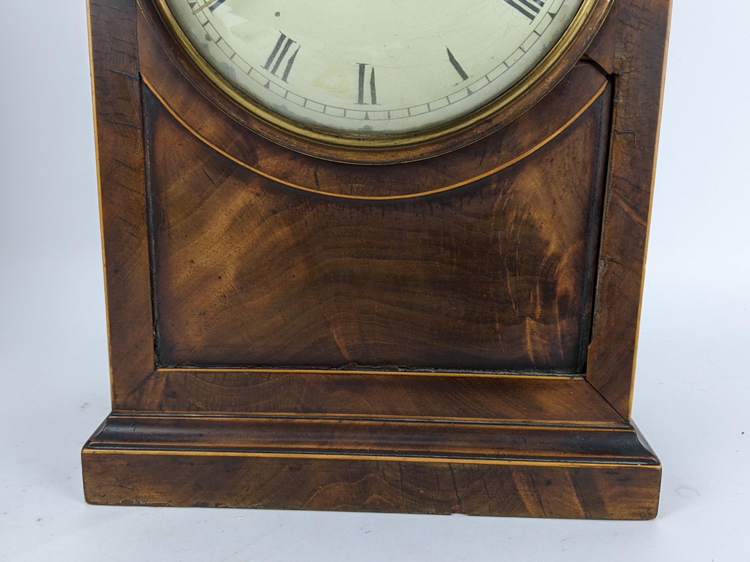 A Regency mahogany bracket clock having an arched top case with boxwood string inlaid, two ring - Image 3 of 7