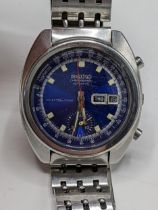 A Seiko chronograph automatic, gents stainless steel wristwatch, having a blue dial with centre