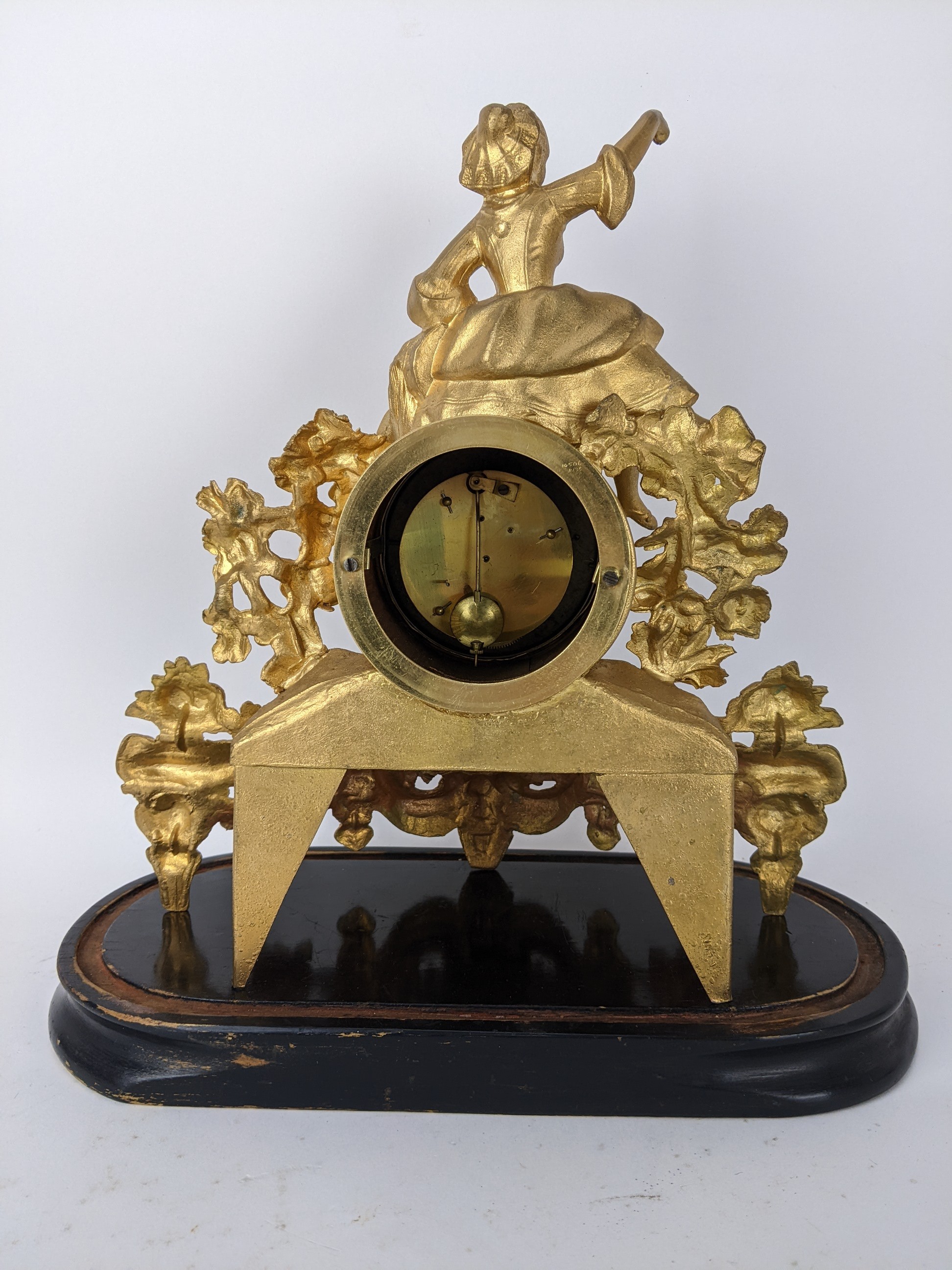 A late 19th century French gilt metal mantle clock, the case having a female seated on the drum head - Image 3 of 5