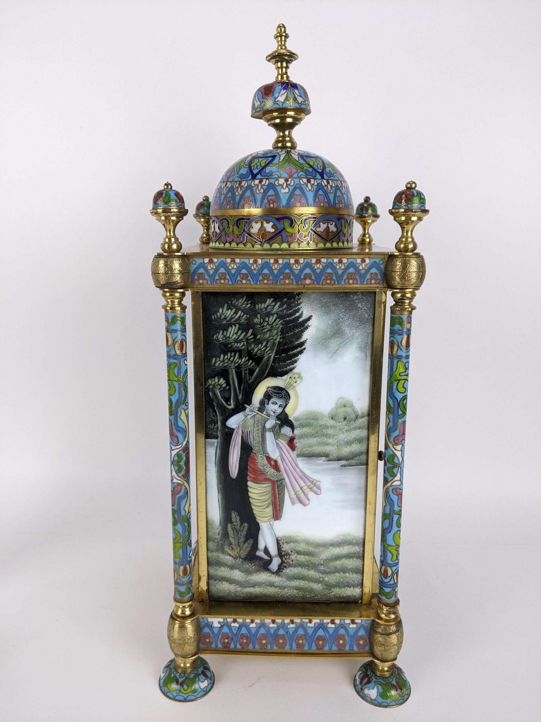 A late 20th century cloisonné and brass mantle clock, the case of architectural design a domed top - Image 3 of 6