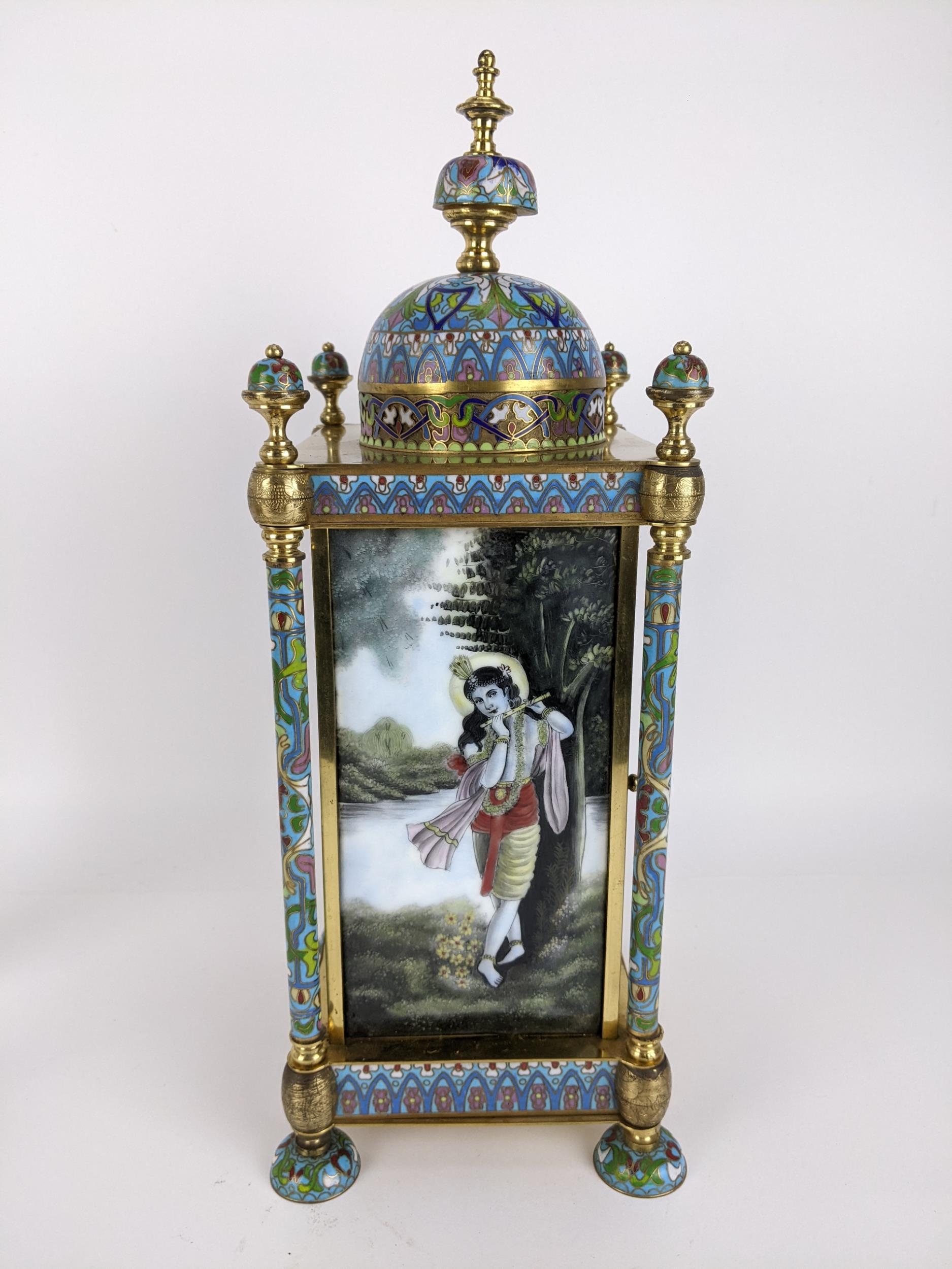 A late 20th century cloisonné and brass mantle clock, the case of architectural design a domed top - Image 6 of 6