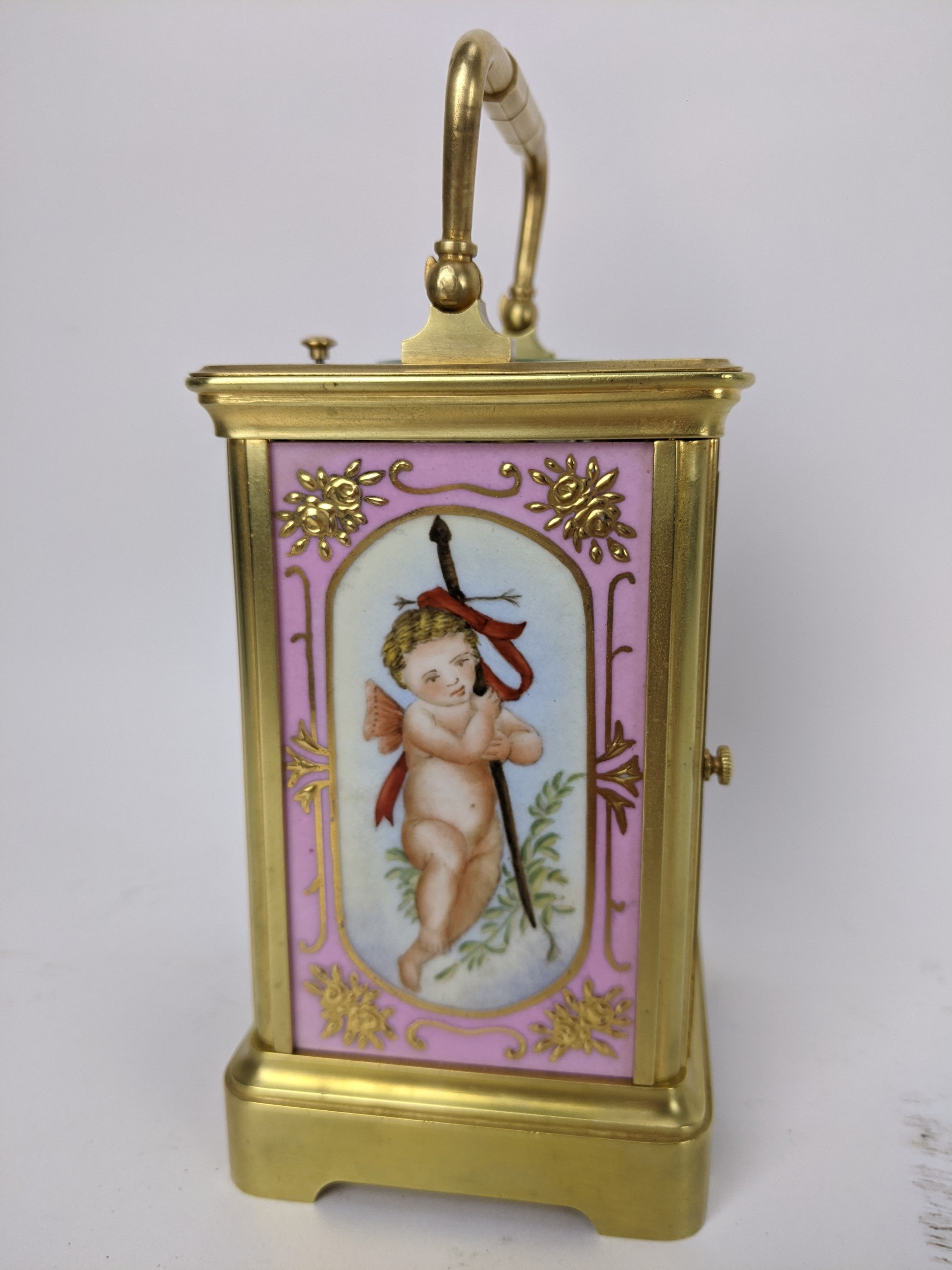 An early 20th century repeater carriage clock, having Sevres style porcelain panels decorated with - Image 2 of 6