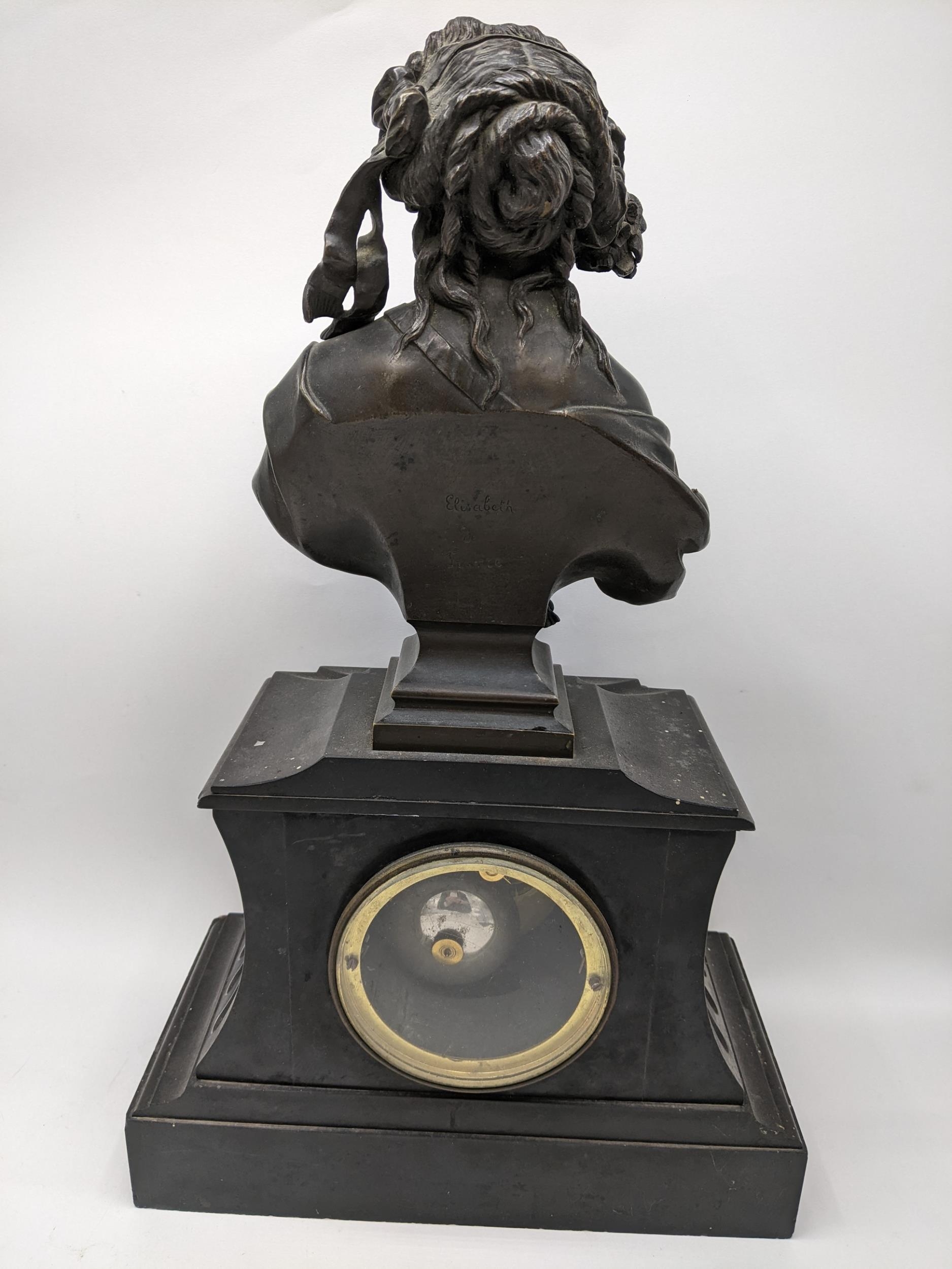 A late 19th century French black slate cased mantel clock surmounted by a bronze bust of a female - Image 4 of 7