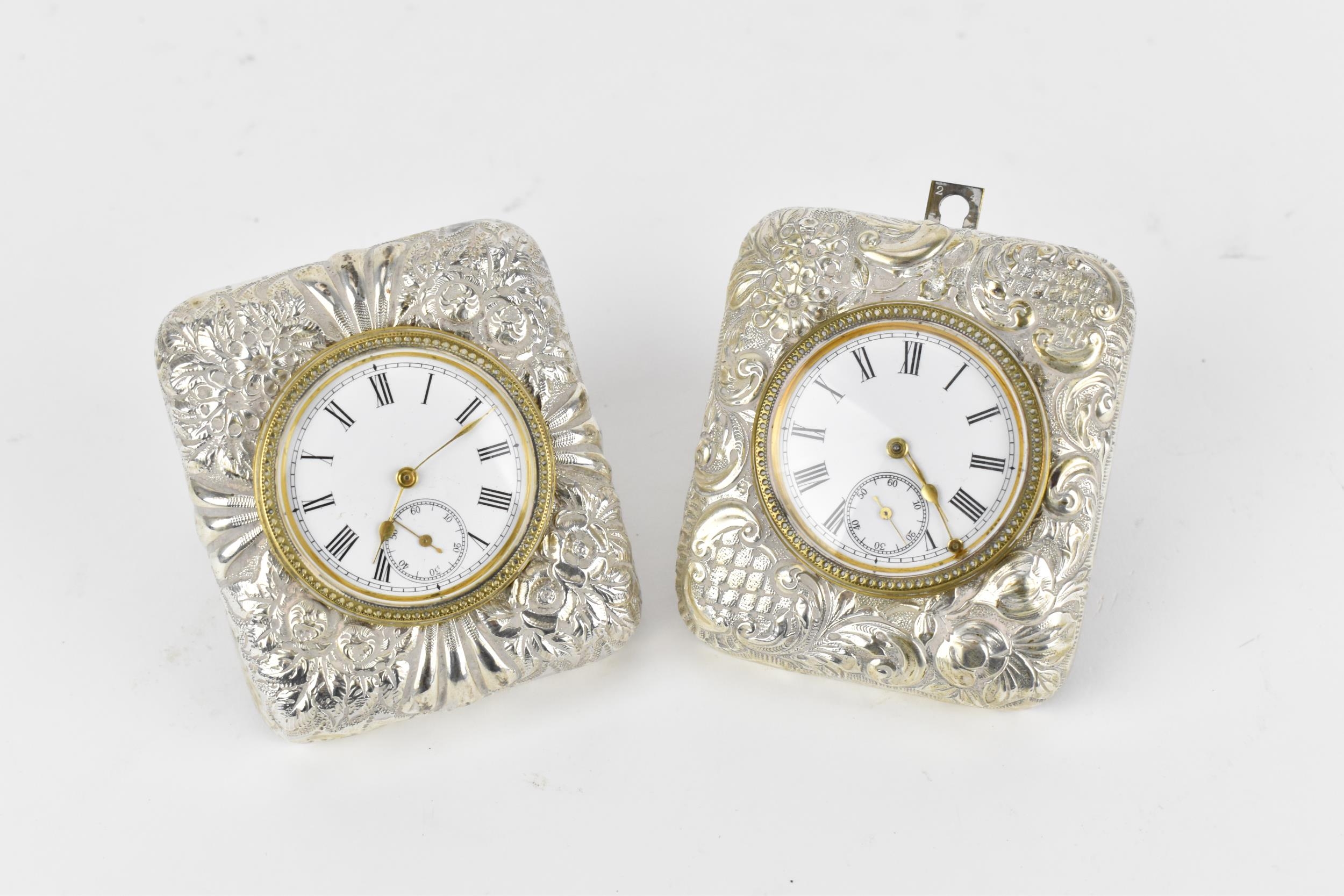 A pair of late Victorian silver cased travel clocks, Birmingham 1897, the cases embossed with - Image 3 of 7