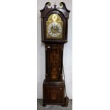 A George III mahogany musical longcase clock, the case having a broken swan neck pediment, marquetry