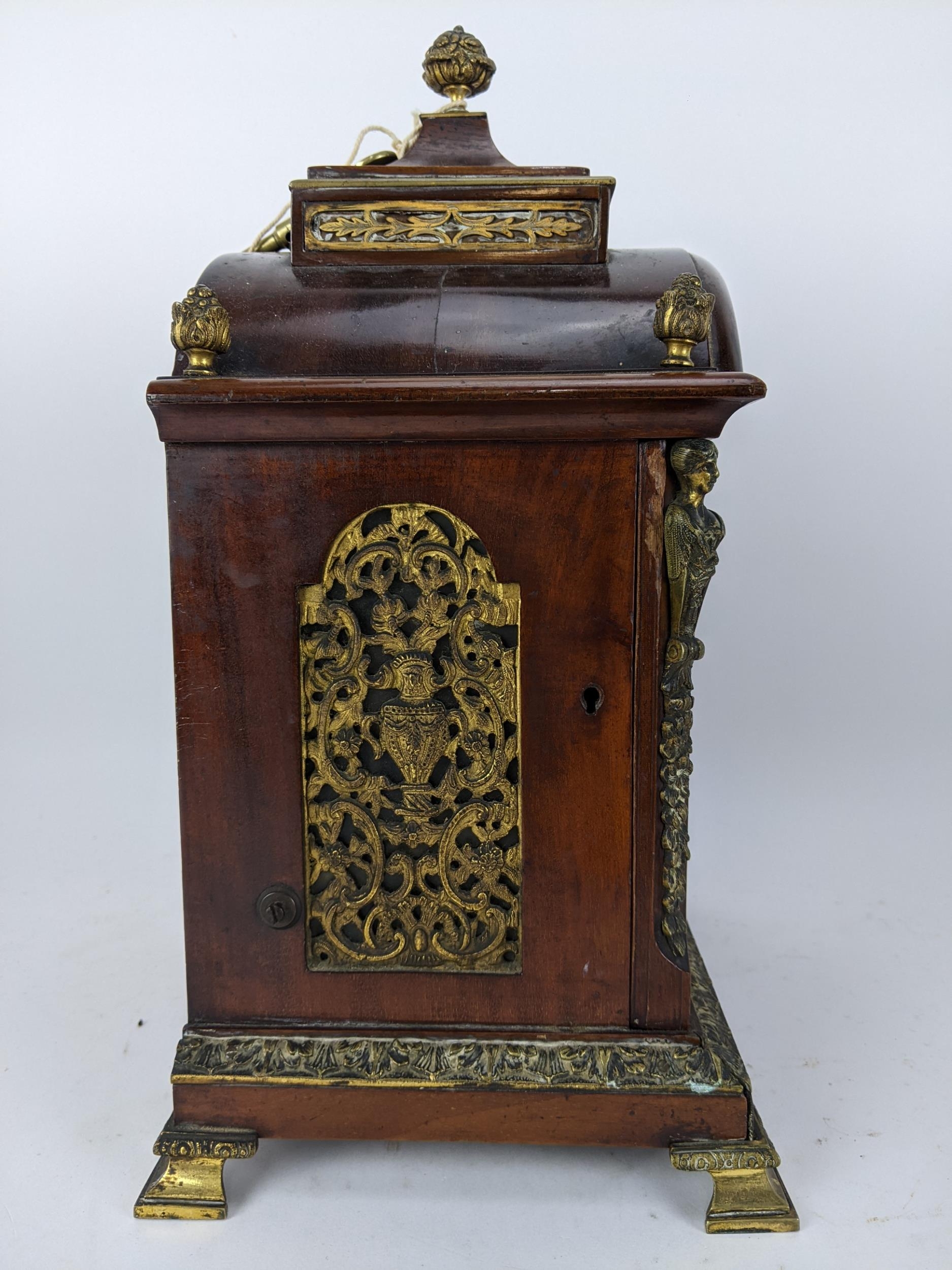 A late 19th/early 20th century mahogany bracket clock, the case having basket of flowers finials, - Image 3 of 5