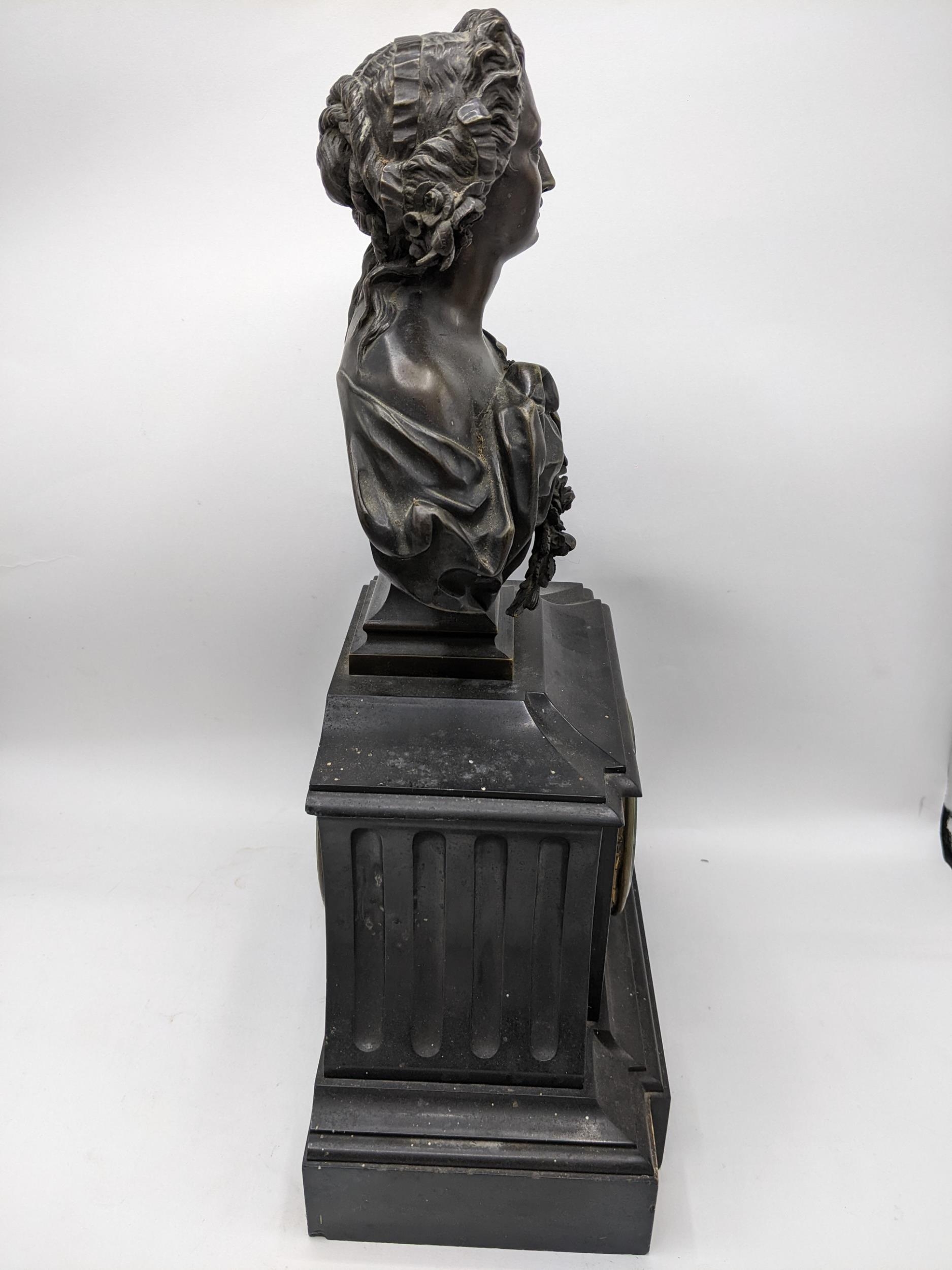 A late 19th century French black slate cased mantel clock surmounted by a bronze bust of a female - Image 7 of 7
