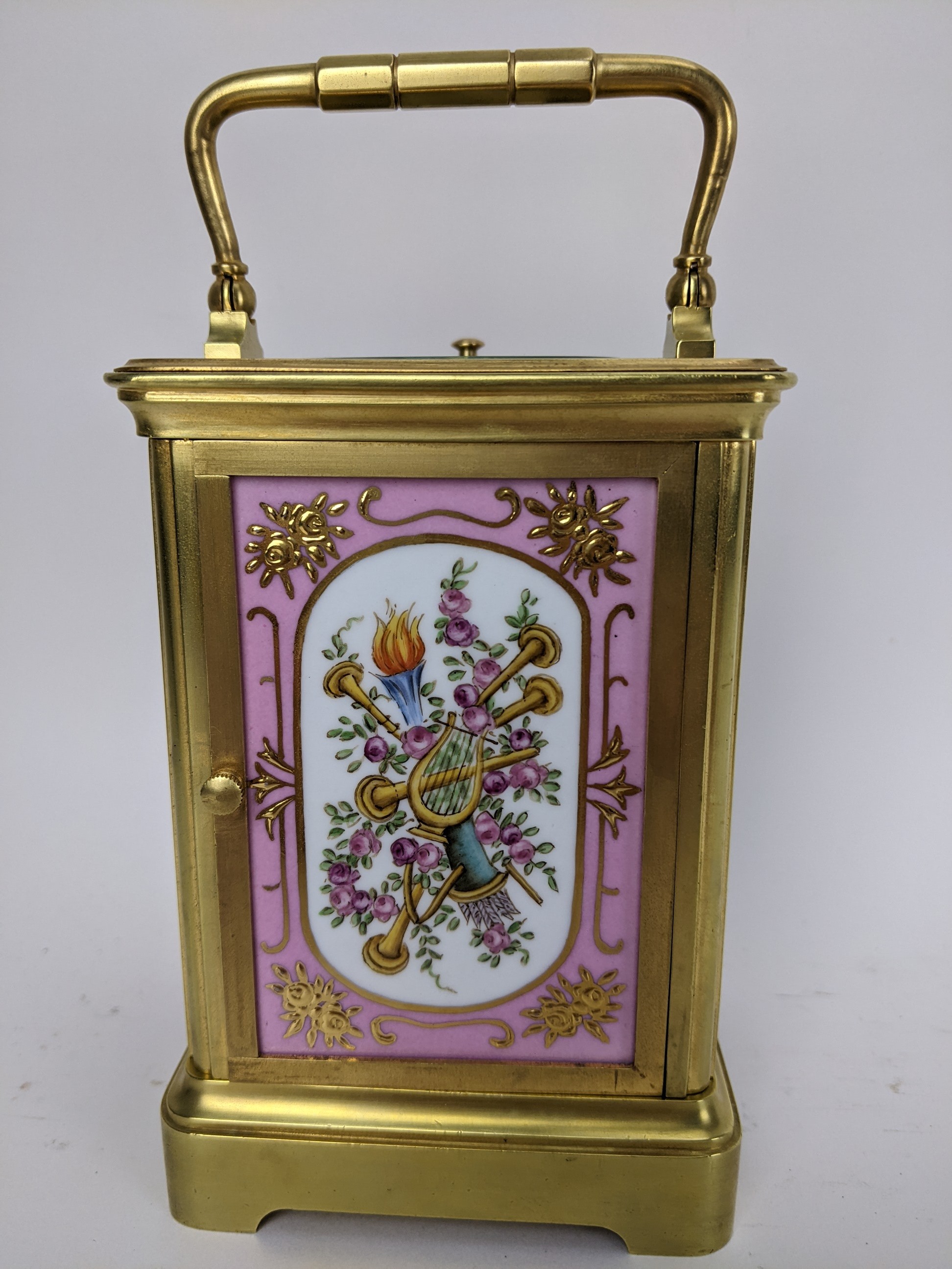 An early 20th century repeater carriage clock, having Sevres style porcelain panels decorated with - Image 4 of 6