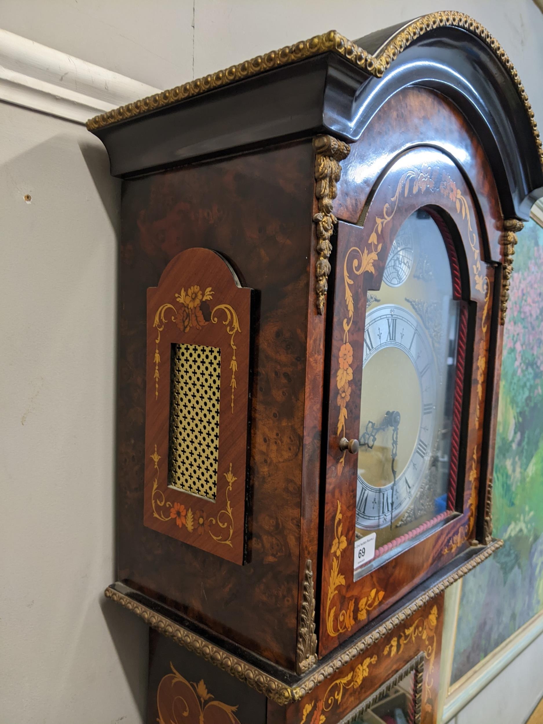 A reproduction burr yew longcase clock, the arched top case having applied gilt metal mounts, - Image 4 of 9