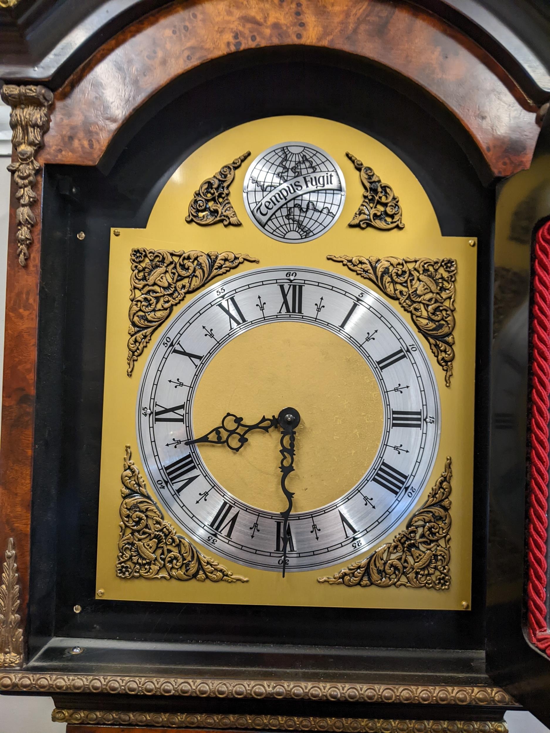 A reproduction burr yew longcase clock, the arched top case having applied gilt metal mounts, - Image 3 of 9