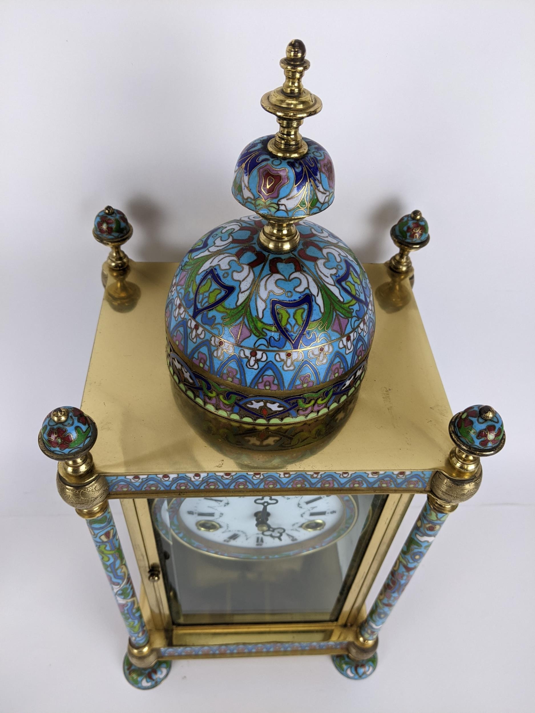 A late 20th century cloisonné and brass mantle clock, the case of architectural design a domed top - Image 2 of 6