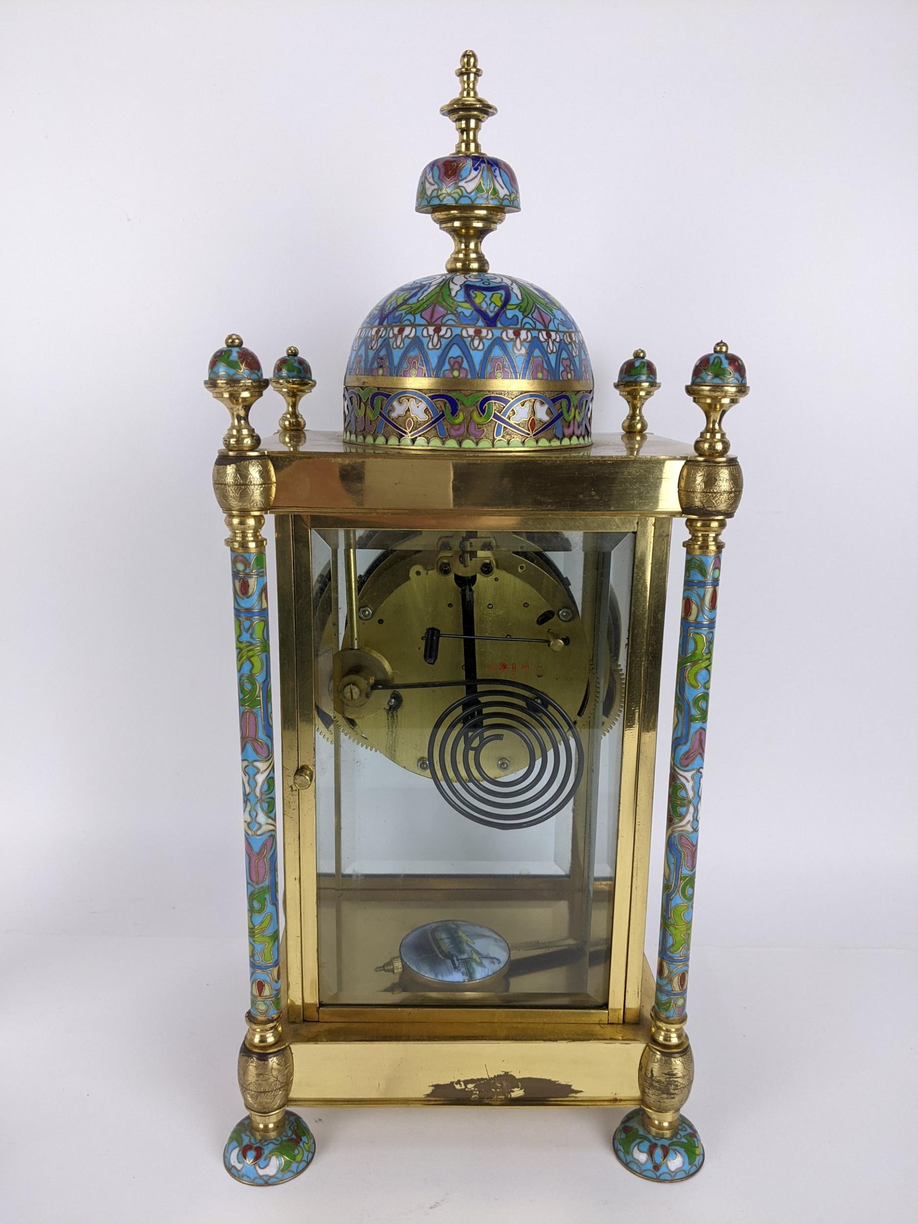 A late 20th century cloisonné and brass mantle clock, the case of architectural design a domed top - Image 4 of 6