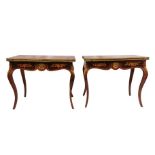 A pair of 20th century walnut and marquetry card tables, the folded tops with eared corners