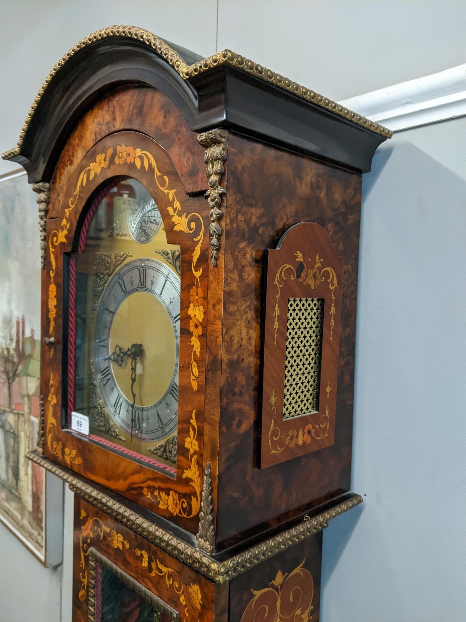 A reproduction burr yew longcase clock, the arched top case having applied gilt metal mounts, - Image 5 of 9