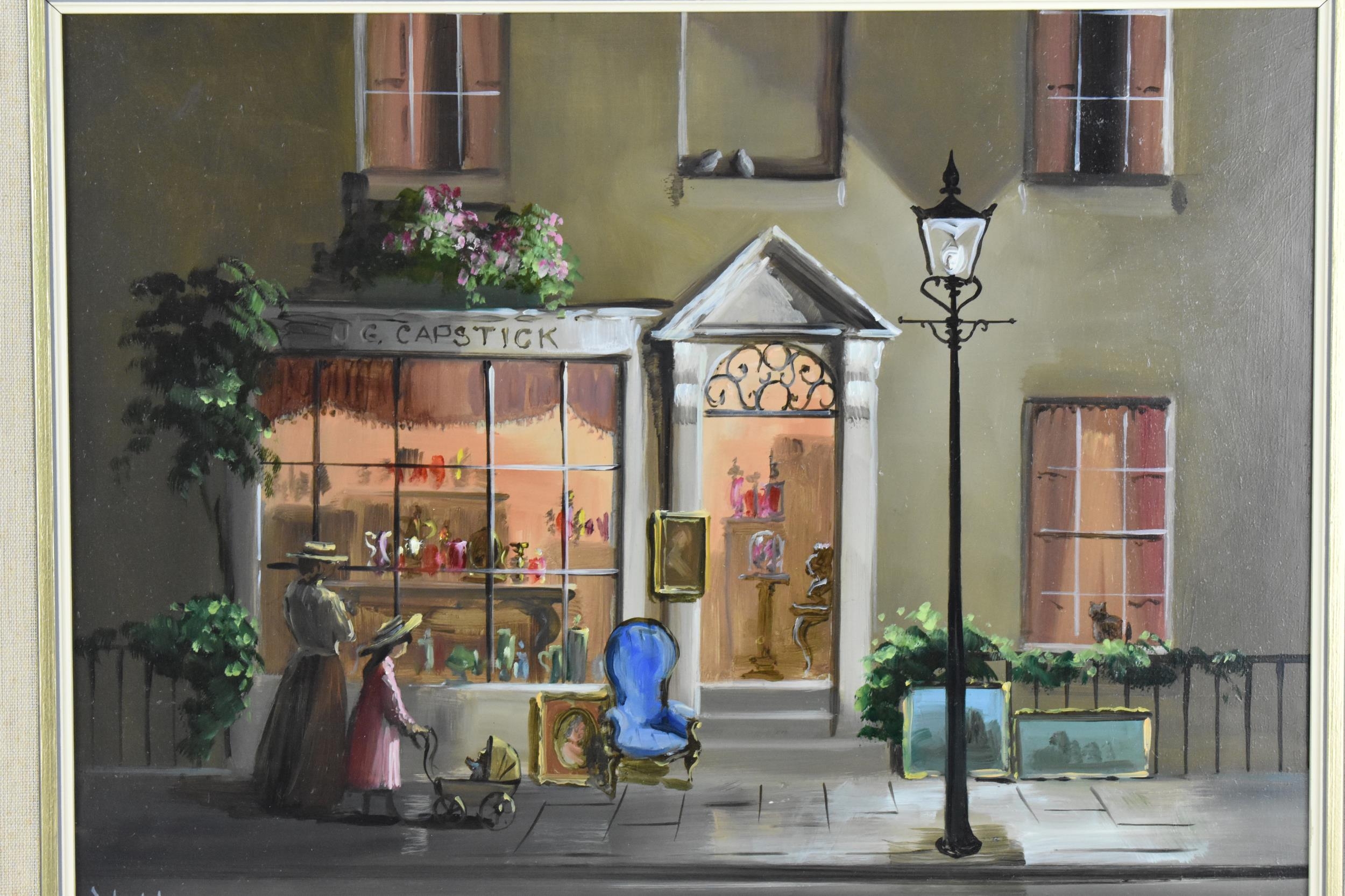 Deborah Jones (1921-2012) British 'JG Capstick', depicting an antique shop entrance on a street, - Image 2 of 5