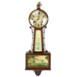 A 1920s American mahogany New Haven banjo wall hanging clock, the case surmounted by an eagle finial