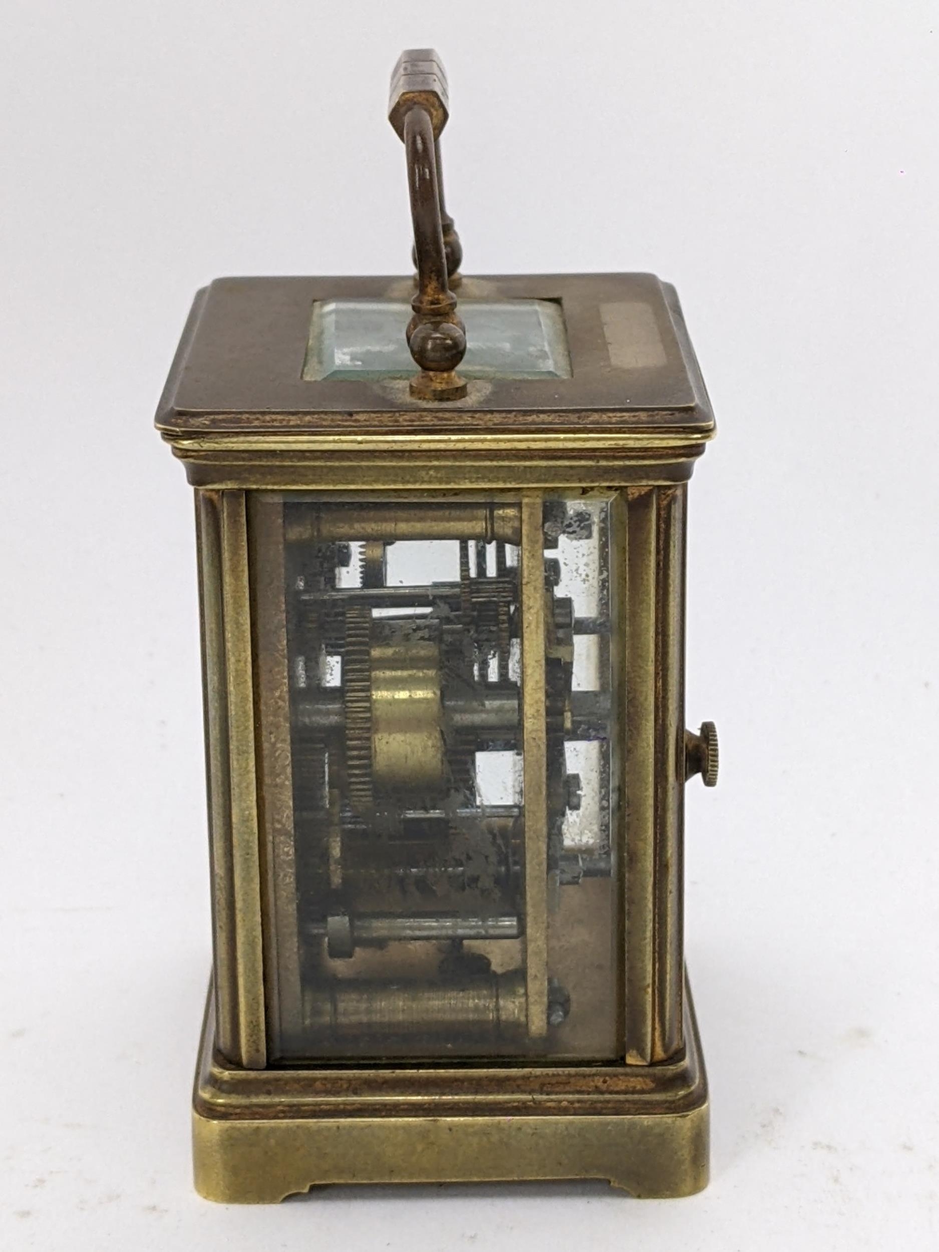 A 19th century French brass miniature carriage alarm clock, the white enamel dial having black Roman - Image 2 of 6