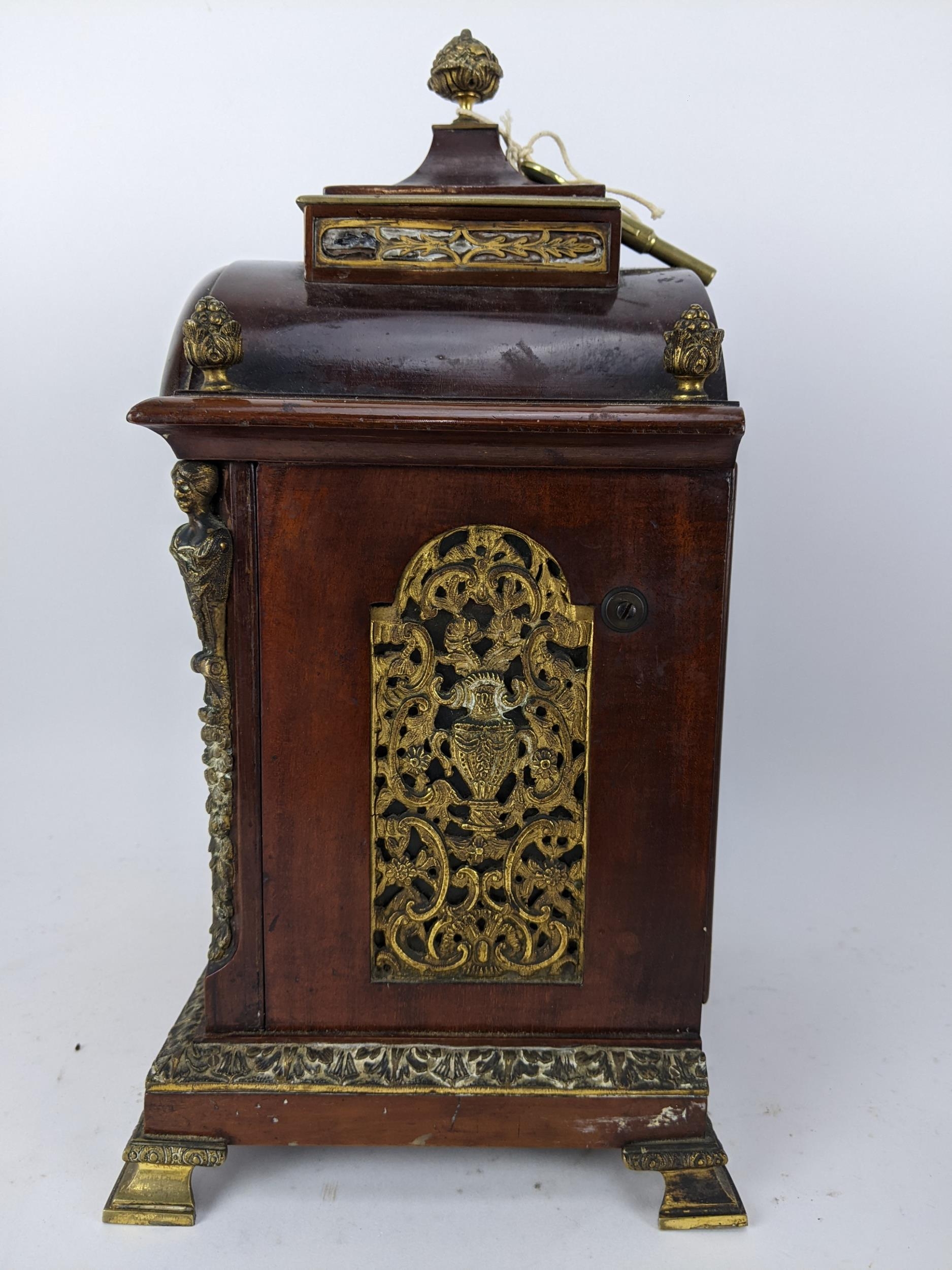 A late 19th/early 20th century mahogany bracket clock, the case having basket of flowers finials, - Image 2 of 5