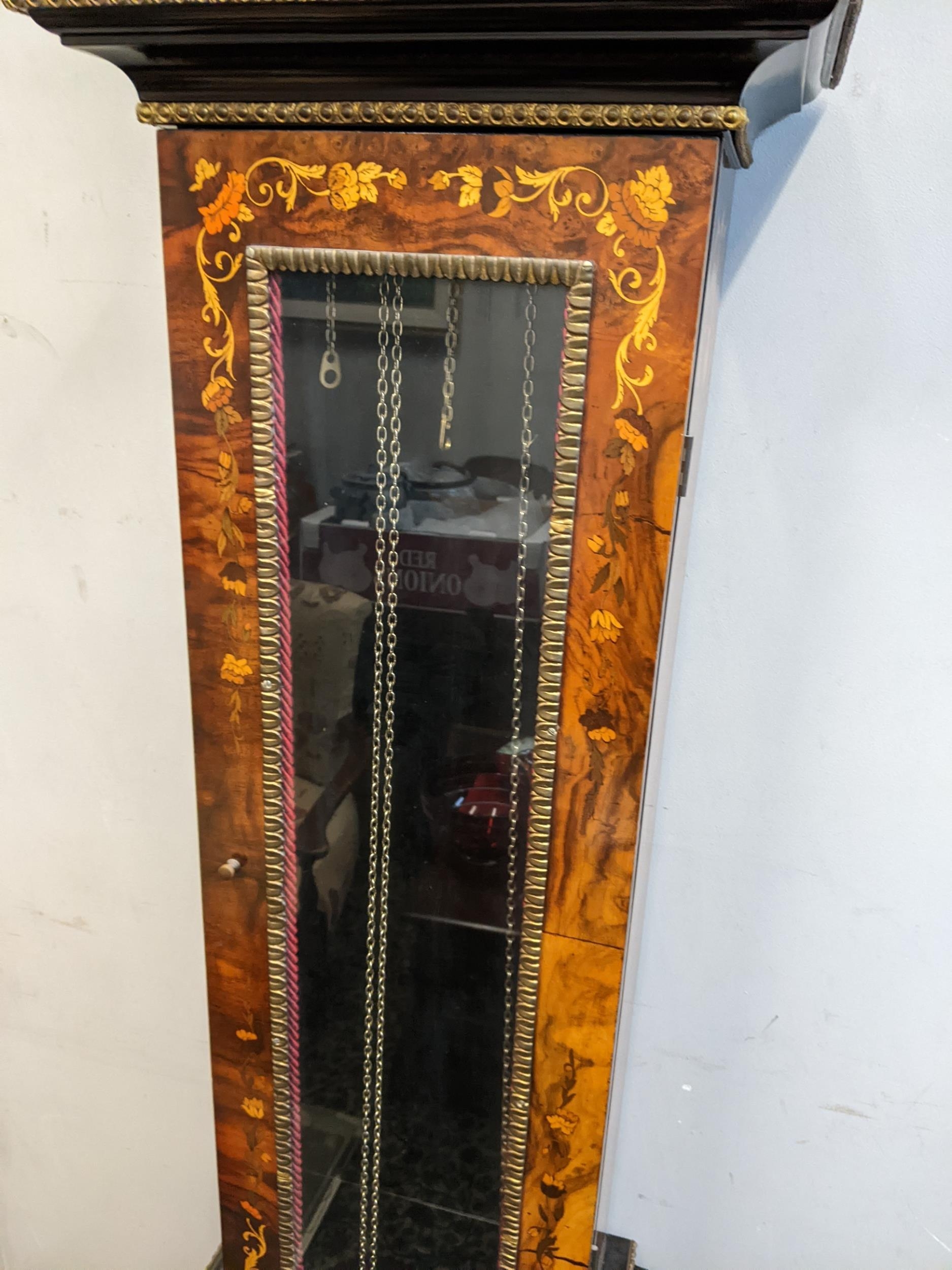 A reproduction burr yew longcase clock, the arched top case having applied gilt metal mounts, - Image 6 of 9