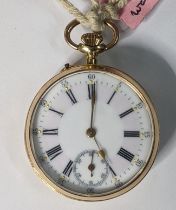 A late 19th/early 20th century yellow metal open faced traveller's pocket watch, having two white