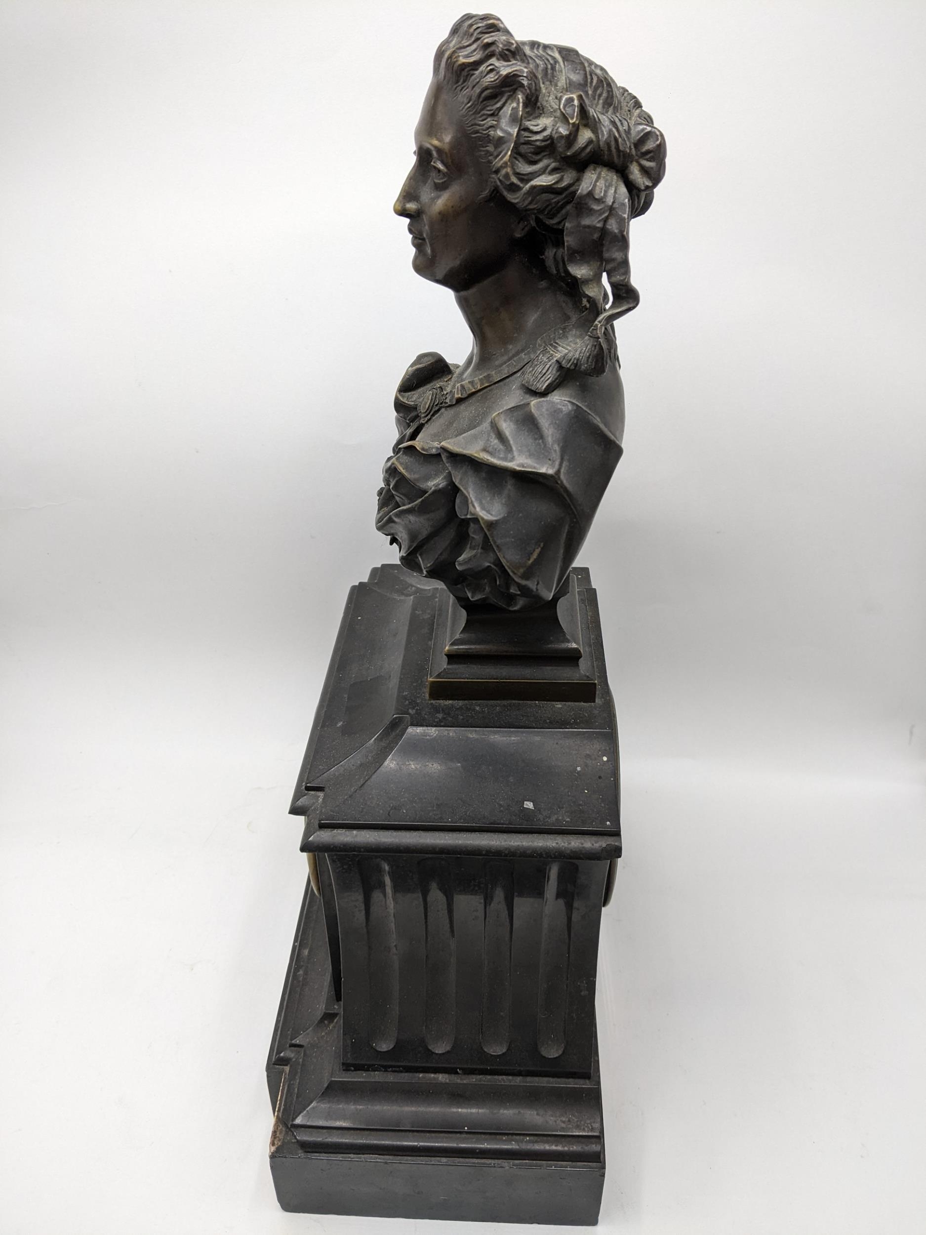 A late 19th century French black slate cased mantel clock surmounted by a bronze bust of a female - Image 3 of 7