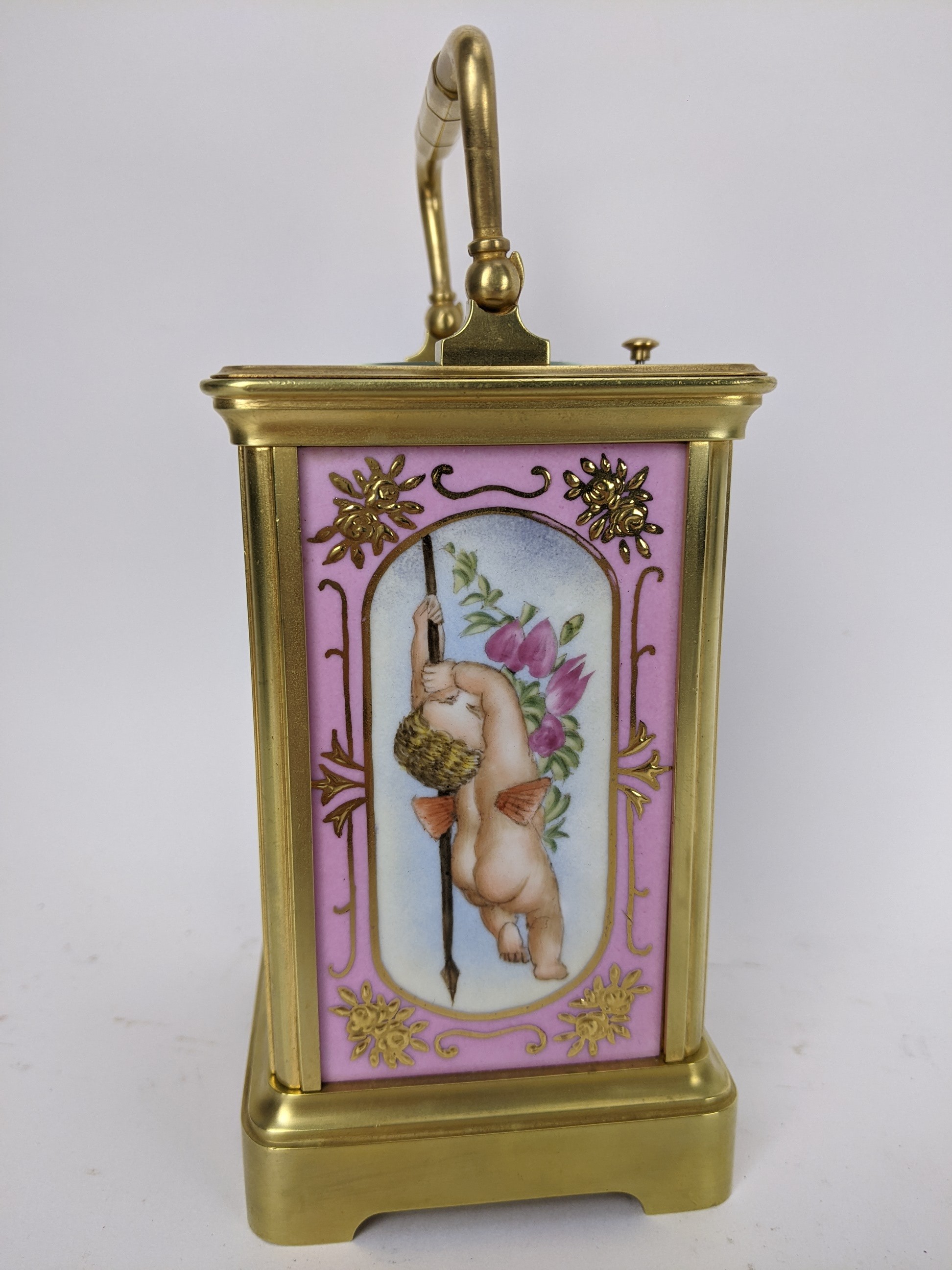An early 20th century repeater carriage clock, having Sevres style porcelain panels decorated with - Image 3 of 6