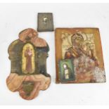 A small collection of Russian icons, to include a painted porcelain plaque of Saint Anthony of Padua