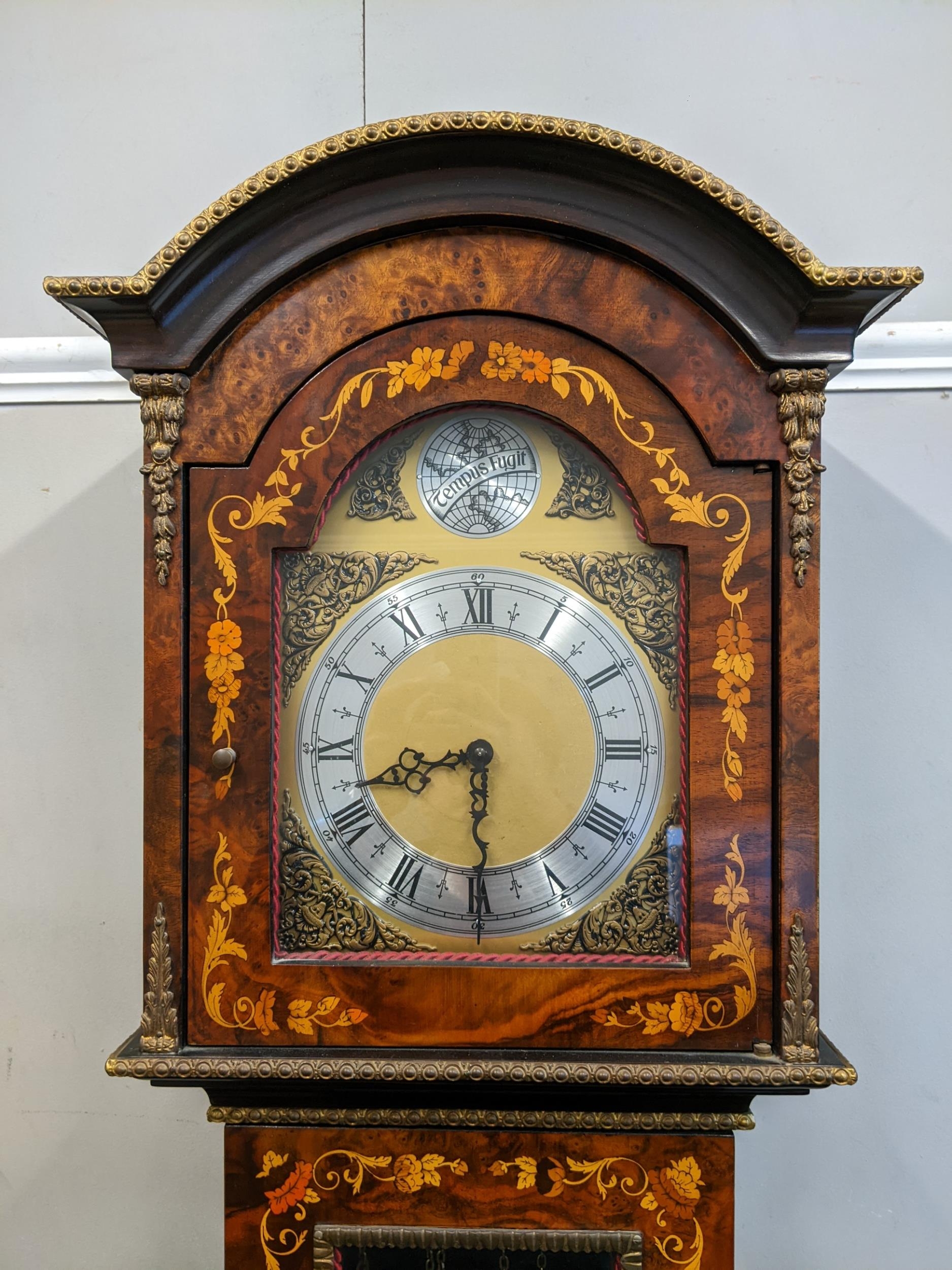 A reproduction burr yew longcase clock, the arched top case having applied gilt metal mounts, - Image 2 of 9