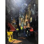 A mid-century oil on board depicting a Continental street/hotel scene, unsigned, possibly French,