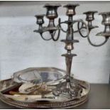 A silver plated oval and galleried tray, together with miscellaneous silver plated items, and a