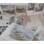 A quantity of unframed prints, sketches and watercolours Location: