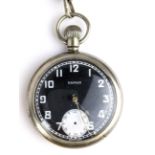 A WWII British military Damas open faced pocket watch, having a black dial with Arabic numerals,